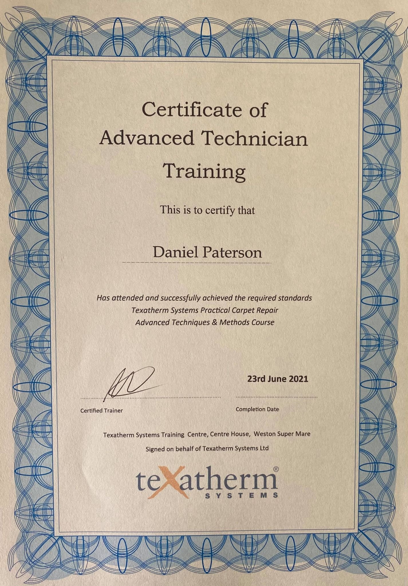 certificate of advanced technician paterson's pro cleaning carpet repair edinburgh